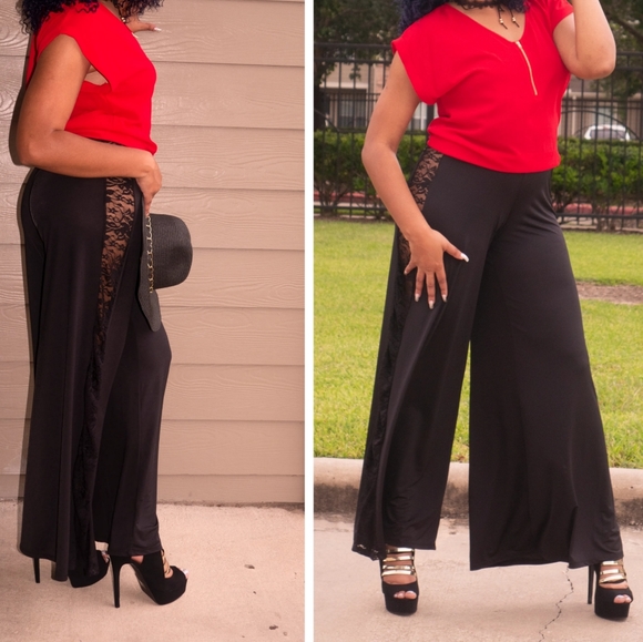 Symphony Black Lace Mesh Sheer Side Trim Wide Leg Palazzo Pants Women Size Large - Picture 1 of 10
